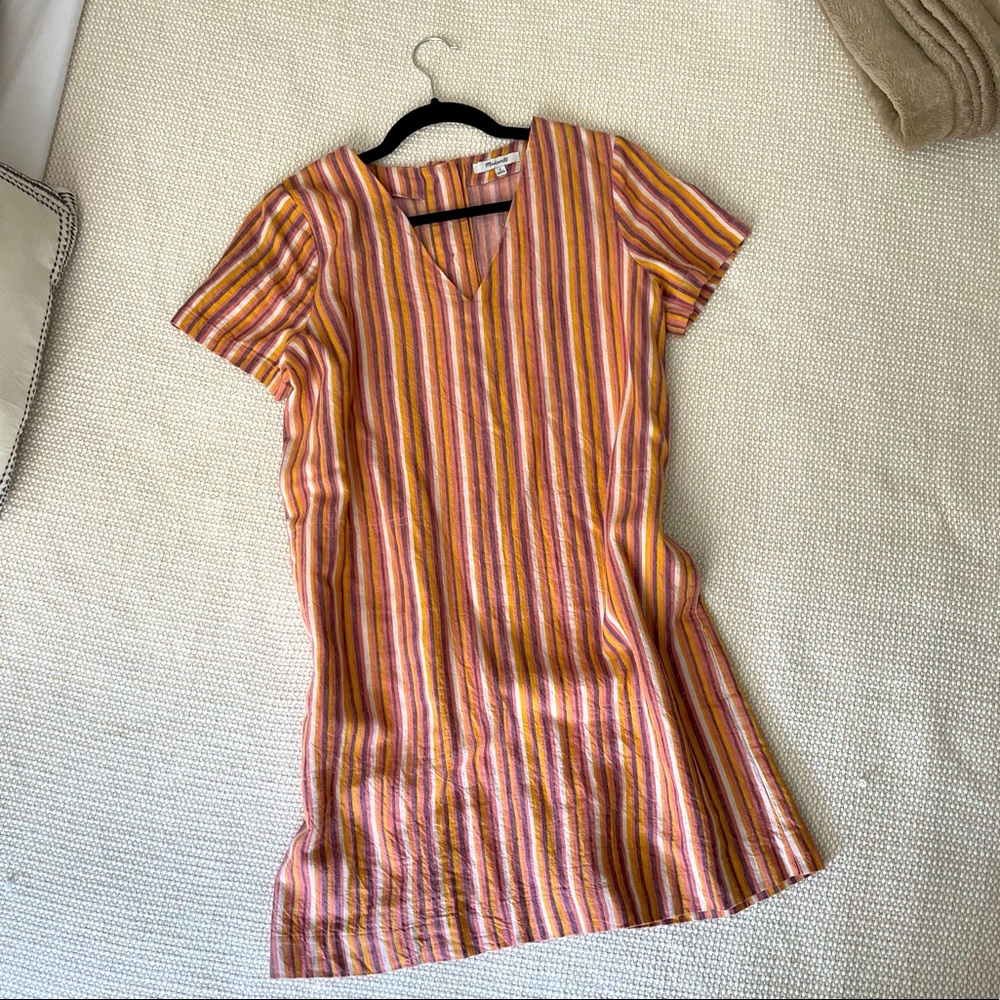 Striped Madewell shift dress with pockets and button detail